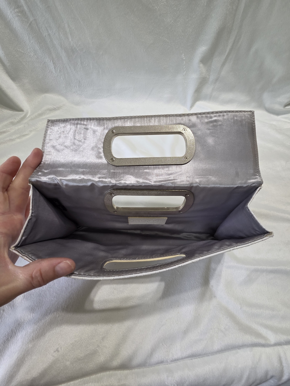 White Textured Faux-Snake Envelope Clutch with Metallic Handle Magnetic Closure - Picture 3 of 10